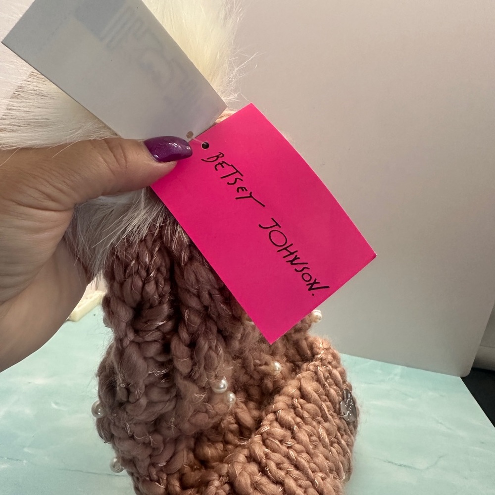 Betsey Johnson Blush Knit Beanie with Faux Fur Pom